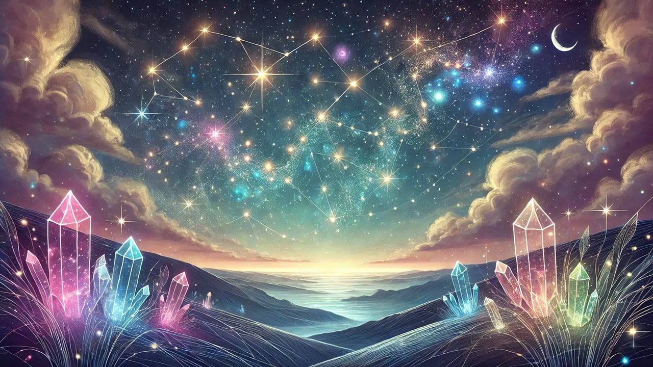 Magnificent celestial sky with crystals arranged beneath the stars, representing the profound connection between earthly mineral energy and cosmic stellar wisdom