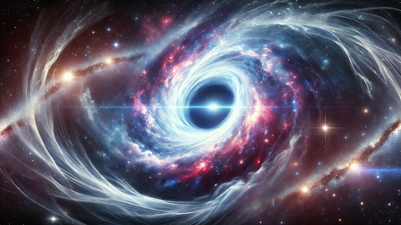 Cosmic wormhole scene representing the theoretical bridges through space-time that allow cosmic whispers and universal guidance to transcend ordinary reality