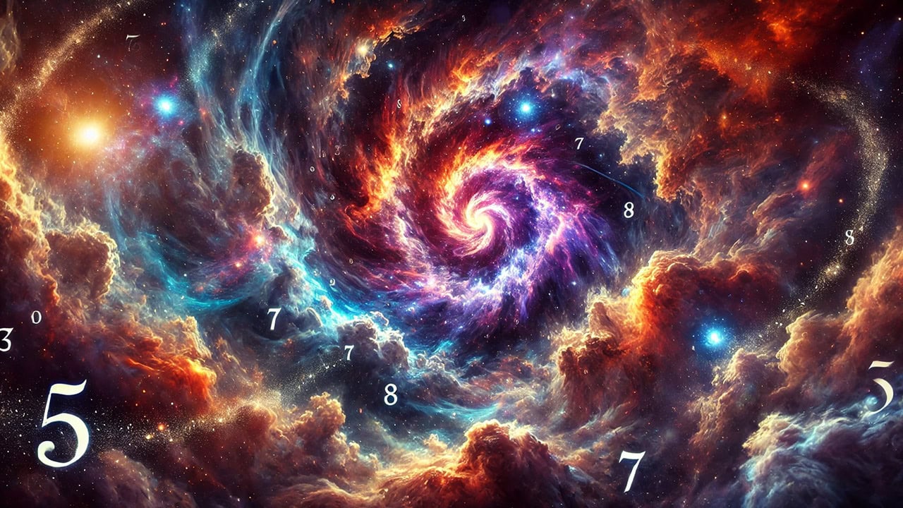 Cosmic scene with numbers floating through space, representing the mystical connection between astronomical phenomena and numerological wisdom
