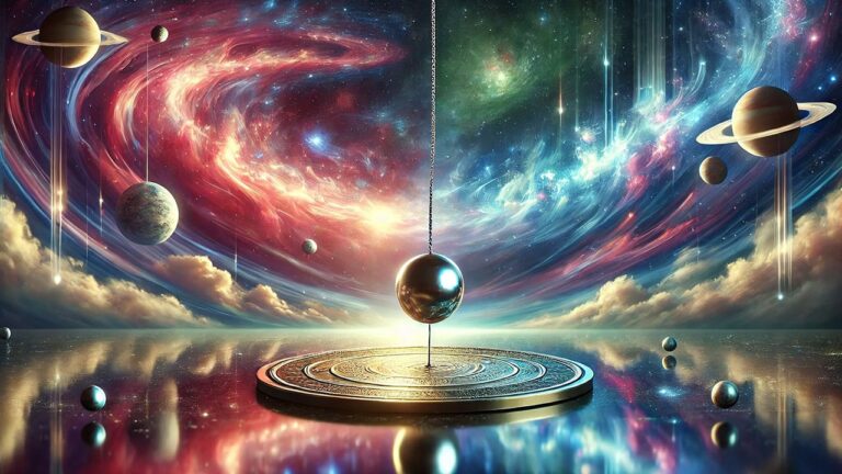 A high-resolution digital artwork of a cosmic pendulum swinging against a vibrant background of swirling nebulae and distant planets in outer space, with an ethereal glow and mystical atmosphere.