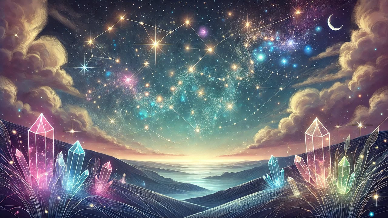 An ethereal celestial illustration featuring a serene nighttime sky filled with glittering stars and subtle constellations, intertwined with glowing, colorful crystals emerging from the landscape below. The crystals reflect the hues of the constellations above, creating a harmonious and magical cosmic scene.