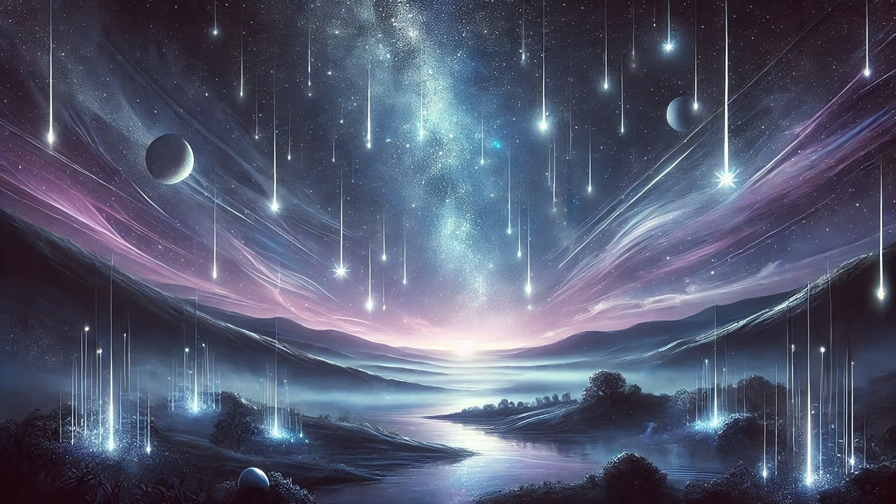 A captivating digital artwork of a mystical meteor shower in a starry night sky, illuminating a serene landscape with soft hills and cosmic light in shades of blue, purple, and silver, evoking a sense of mystery and revelation.