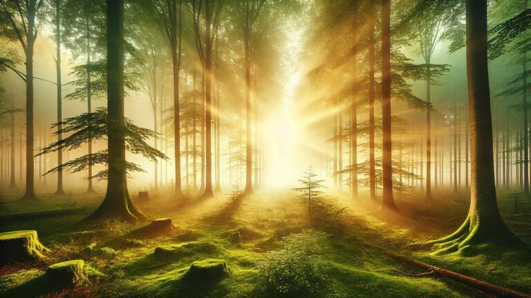 A serene misty forest at sunrise, with soft golden light filtering through the trees. The lush green moss and scattered wildflowers on the forest floor create a tranquil and uplifting atmosphere, symbolizing peace and introspection.