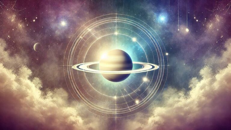 A serene cosmic scene depicting Saturn glowing softly in a dreamy backdrop of purple, blue, and gold hues, surrounded by subtle orbital lines, evoking a sense of spiritual growth and mystery.