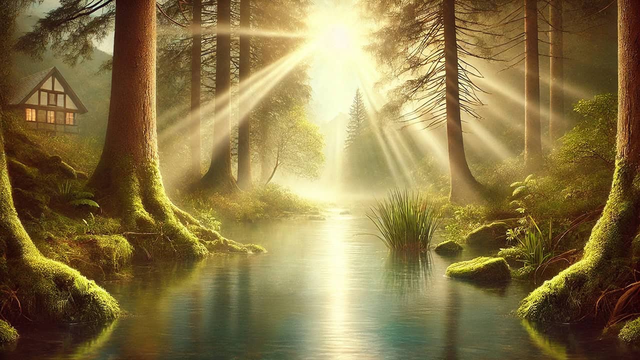 A serene and mystical nature scene with sunlight streaming through a tranquil forest, a gentle stream reflecting the light, and a soft mist hovering in the air, evoking a sense of calm, balance, and connection to nature.