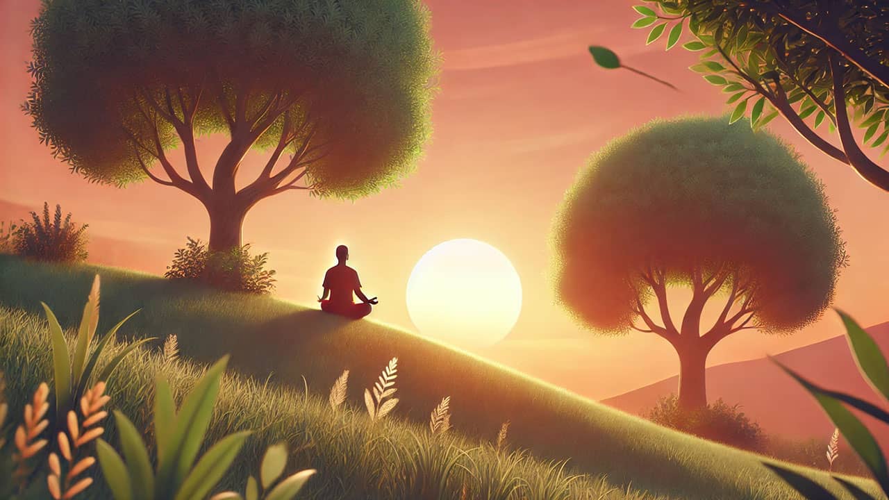 Person meditating on a grassy hill at sunset, symbolizing mindfulness, peace, and overcoming challenges.