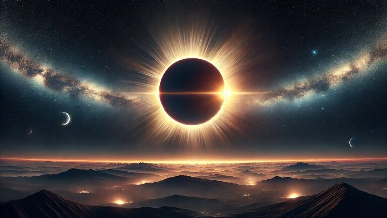 A dramatic scene featuring a solar eclipse with a glowing radiant corona against a darkened sky. The extended landscape below showcases serene, shadowy horizons with distant mountains subtly illuminated by the ethereal light of the eclipse, evoking a mysterious and awe-inspiring atmosphere.