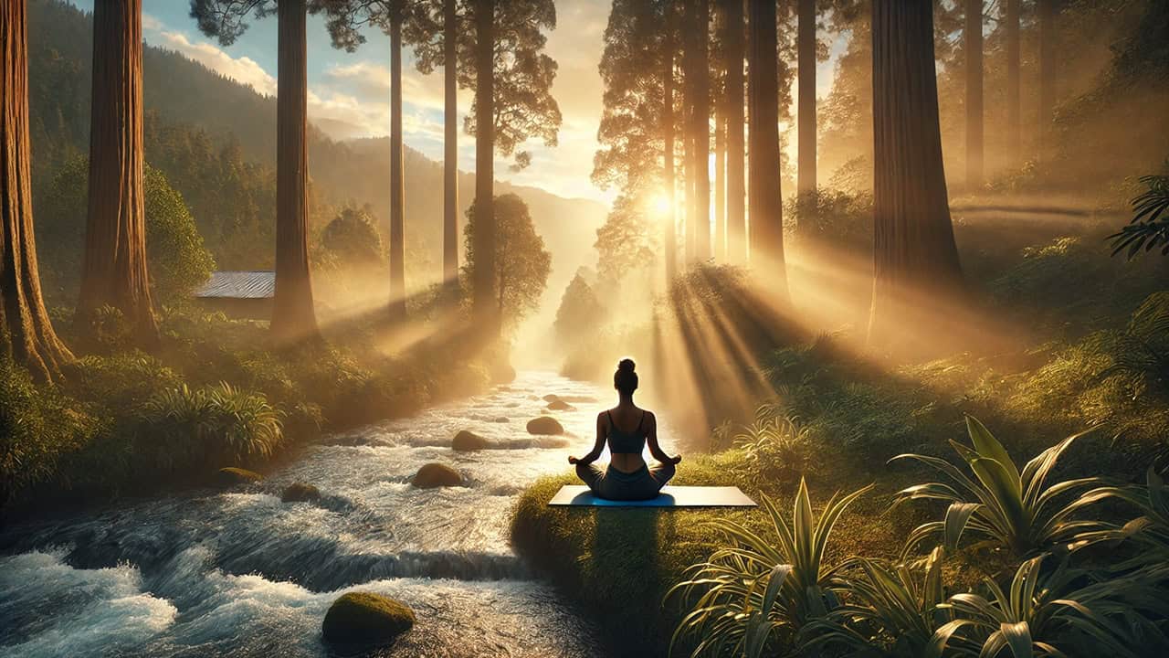 A serene outdoor scene depicting a person meditating in a peaceful forest during golden hour, surrounded by soft sunlight, gentle mist, and lush greenery. The setting includes a flowing river and distant mountains, symbolizing calmness and emotional balance.