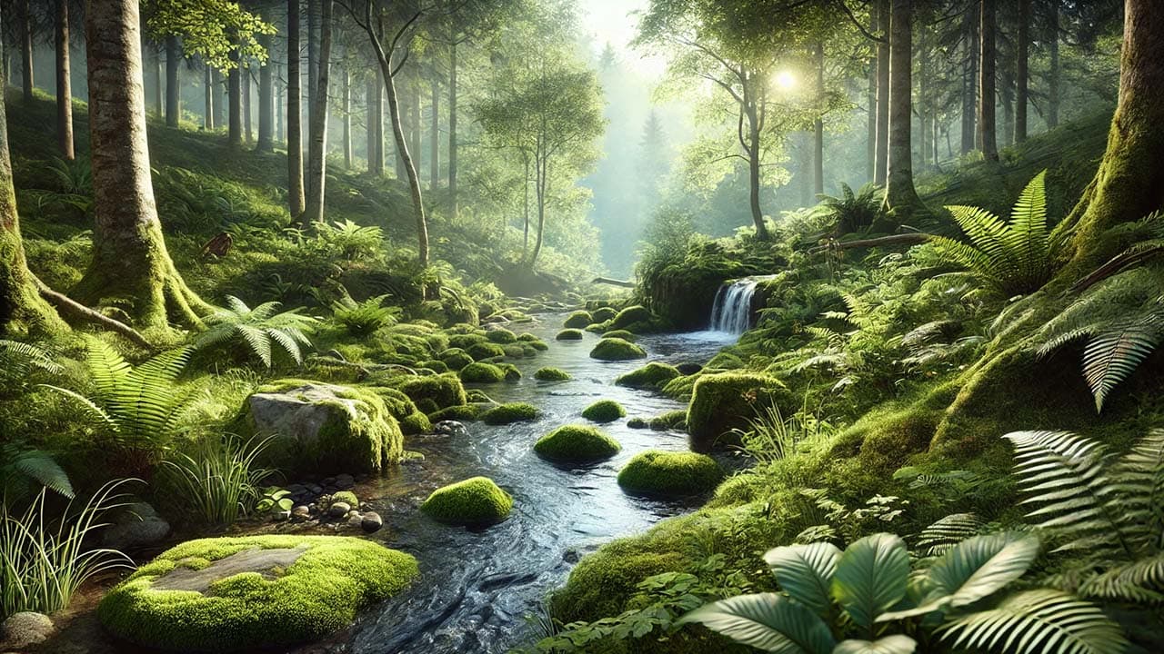 A serene natural landscape featuring a tranquil forest with sunlight filtering through the trees, a calm stream flowing over moss-covered rocks, and lush greenery, evoking peace and mindfulness.