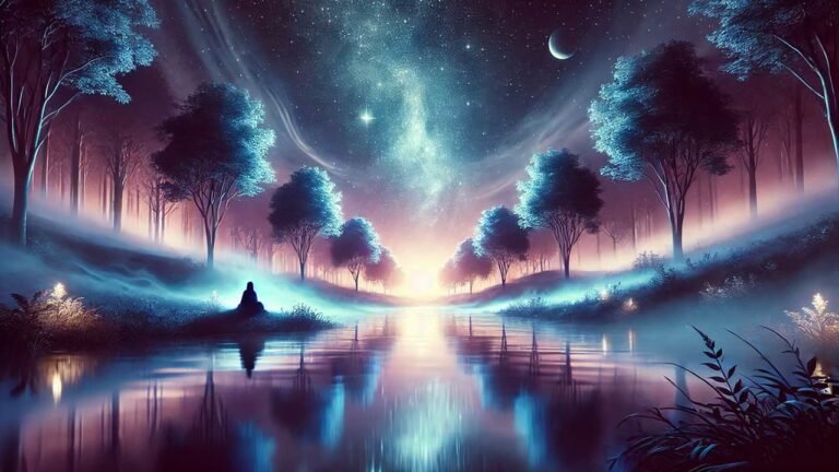 A serene and mystical landscape under a starry night sky, featuring a tranquil river reflecting the stars and softly illuminated trees with an ethereal glow, evoking spirituality and harmony with nature.