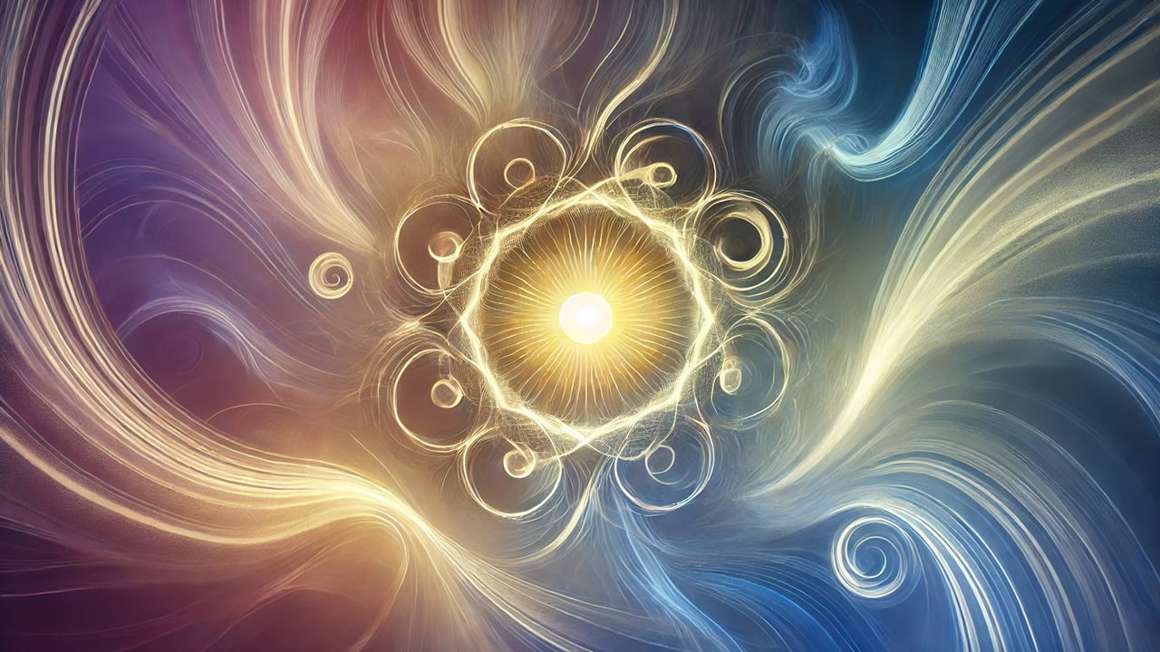 A serene abstract representation of spiritual growth featuring soft gradients in blue, purple, and gold, with a glowing orb at the center surrounded by intertwining energy paths, symbolizing transformation and introspection.