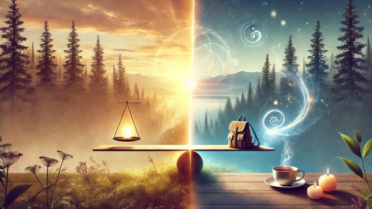 A serene natural setting featuring a peaceful sunrise over a forest with a subtle path leading into the distance, symbolizing the balance between spiritual awakening and everyday life. The scene is visually balanced with calming elements on either side.