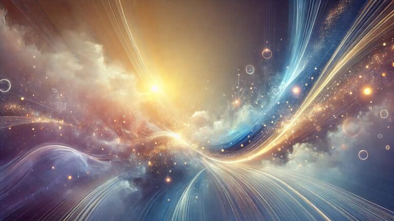 An abstract artwork depicting the connection between manifestation and purpose, featuring flowing gradients of soft gold, deep blue, and warm violet with subtle glowing orbs and radiant streaks of light. The ethereal design conveys a sense of clarity, connection, and inspiration, extending across a wide 16:9 format.