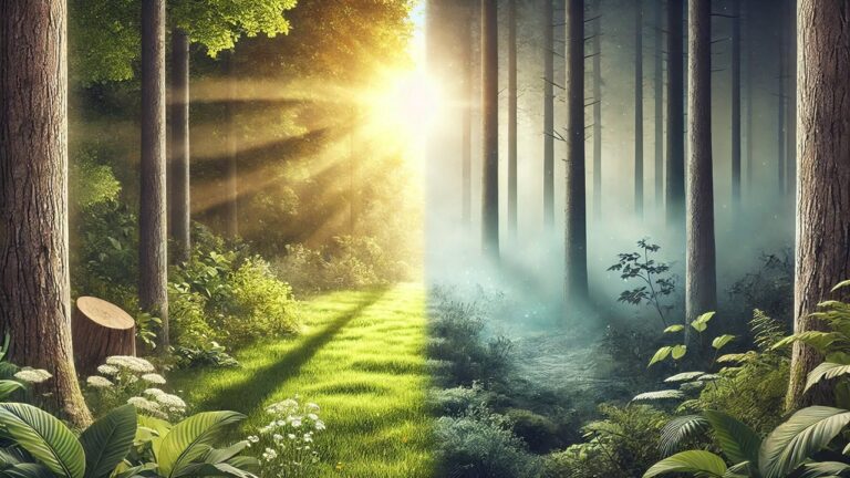 Contrast of a sunlit forest clearing transitioning into a foggy, shadowy area, symbolizing the balance between clarity and spiritual awakening on one side and avoidance or spiritual bypass on the other.