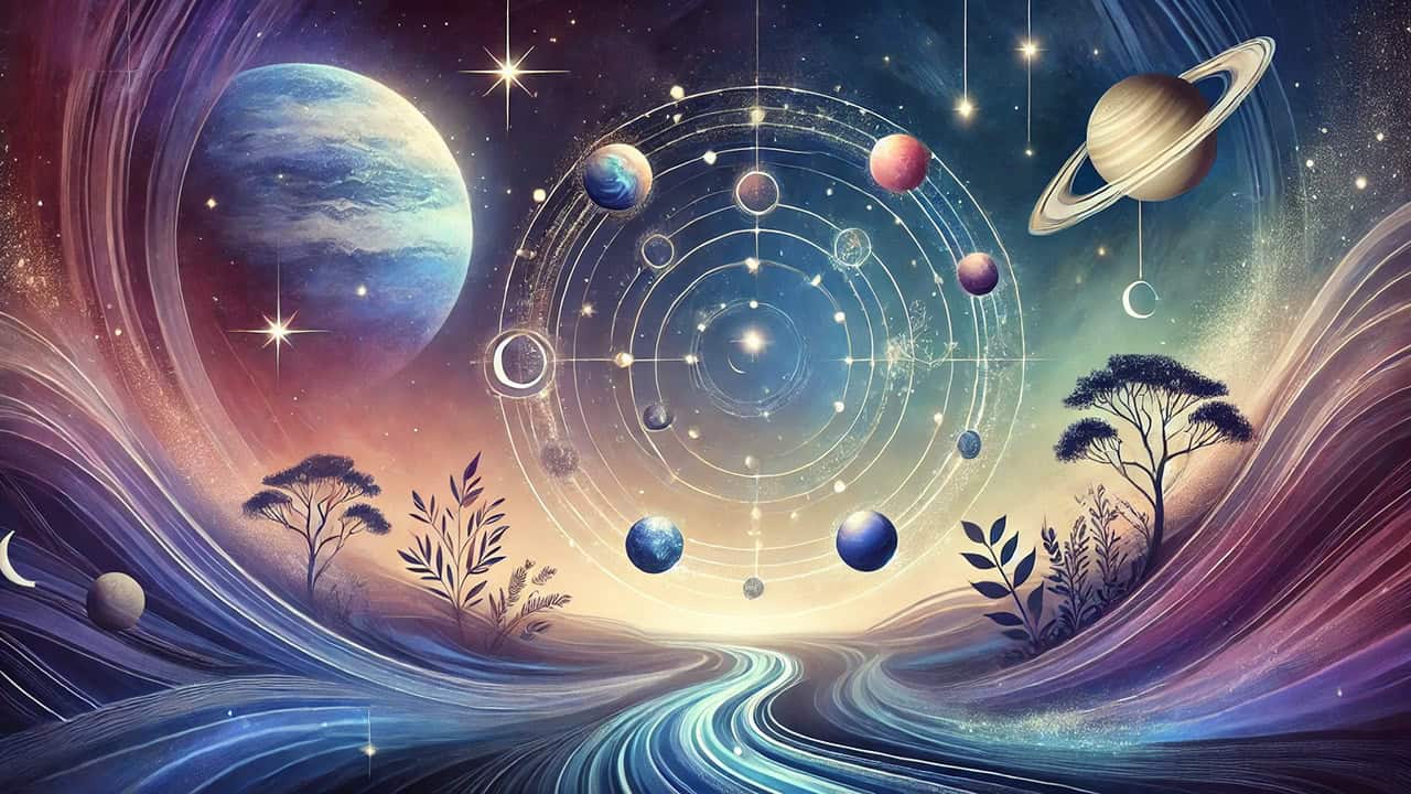 Ethereal illustration depicting astrology and life transitions with a cosmic background, twinkling stars, planetary elements, and natural symbols like flowing water and trees representing life's evolving phases.