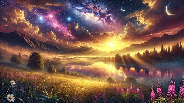 A serene and mystical landscape with a radiant sunrise over a tranquil meadow surrounded by distant mountains, soft pink and purple clouds, and vibrant wildflowers, evoking feelings of cosmic joy and peace.