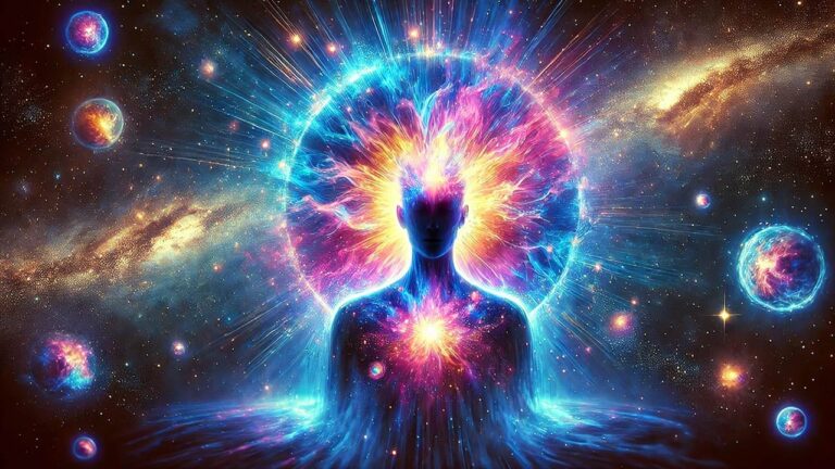 A visually striking digital painting of a human silhouette radiating a colorful aura against a cosmic background with swirling nebulas and distant stars. The aura transitions through vibrant hues of blue, purple, pink, and gold, creating an ethereal glow.