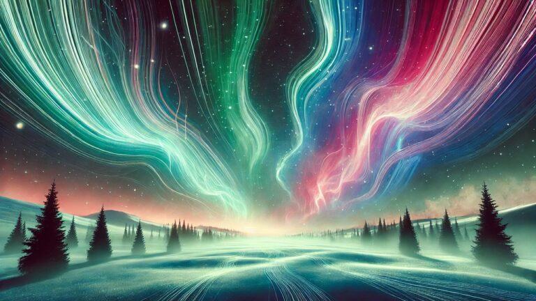 Vibrant Aurora Borealis with green, pink, and purple lights dancing across a starry night sky above a snowy landscape and silhouettes of evergreen trees.