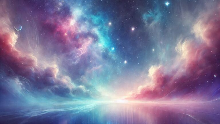 Dreamy cosmic night sky with glowing hues of blue, purple, and pink, featuring twinkling stars and a soft nebula in the background, evoking a serene connection between the universe and dreams.