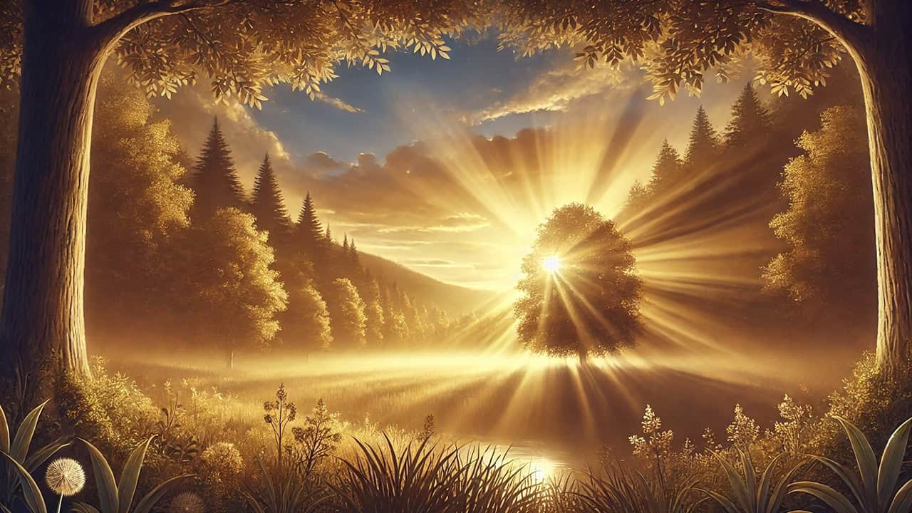 Serene and uplifting digital painting of a tranquil natural setting during a soft sunrise or sunset, featuring golden light rays filtering through trees over a peaceful meadow, symbolizing mindfulness, gratitude, and inner peace.