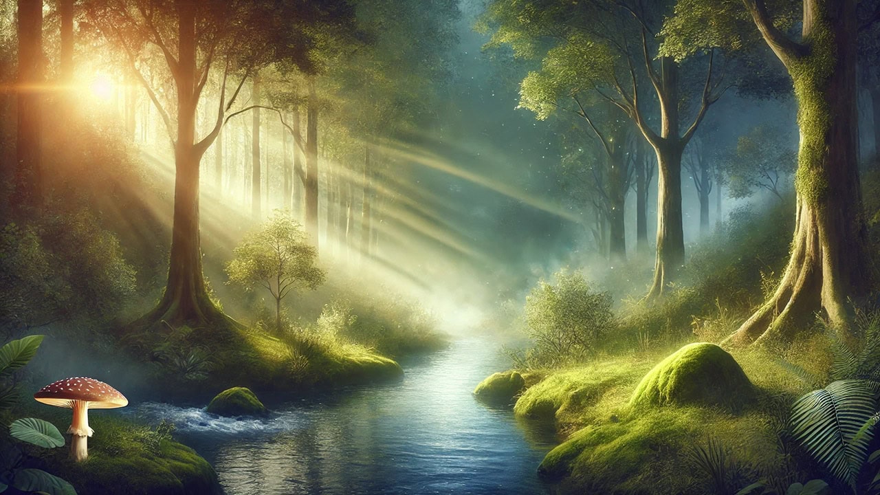 Serene and mystical landscape with a tranquil forest, soft sunlight filtering through lush green trees, a gently flowing stream, and an ethereal glow, evoking peace, self-discovery, and inner guidance.