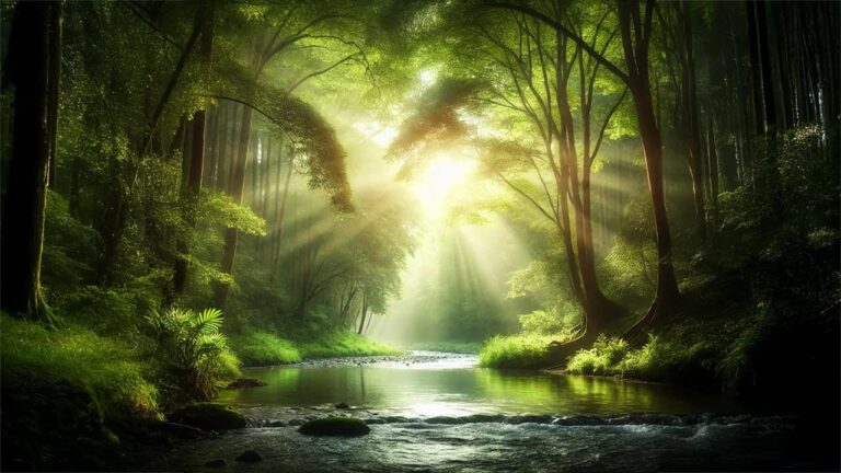 A serene forest scene with sunlight streaming through tall trees, a calm river flowing gently, and lush green foliage creating a tranquil and harmonious atmosphere.