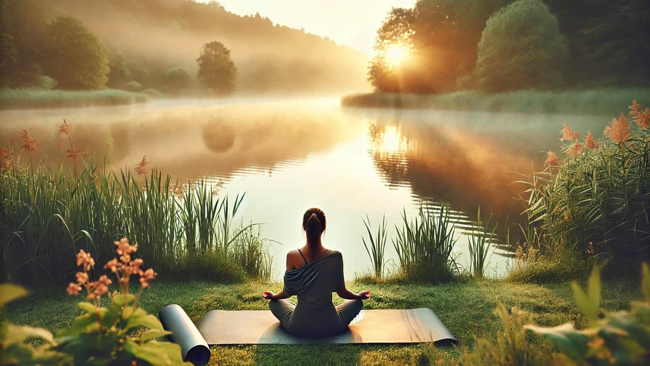 A serene scene of a person sitting on a yoga mat near a calm lake at sunrise, surrounded by soft green grass and a gentle morning mist, conveying harmony, mindfulness, and connection with nature.