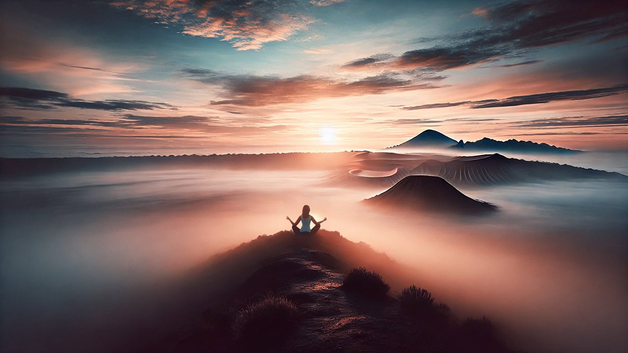 A serene and mystical landscape featuring a lone figure meditating on a foggy mountaintop during sunrise, symbolizing loneliness and self-discovery. The scene is ethereal with soft, diffused light and earthy tones, evoking a sense of quiet reflection and spiritual energy.