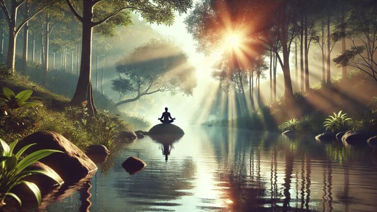 A tranquil natural scene with soft sunlight streaming through a dense forest, a calm river reflecting the surroundings, and a person sitting in a meditative pose on a rock near the water, evoking mindfulness and harmony with nature.