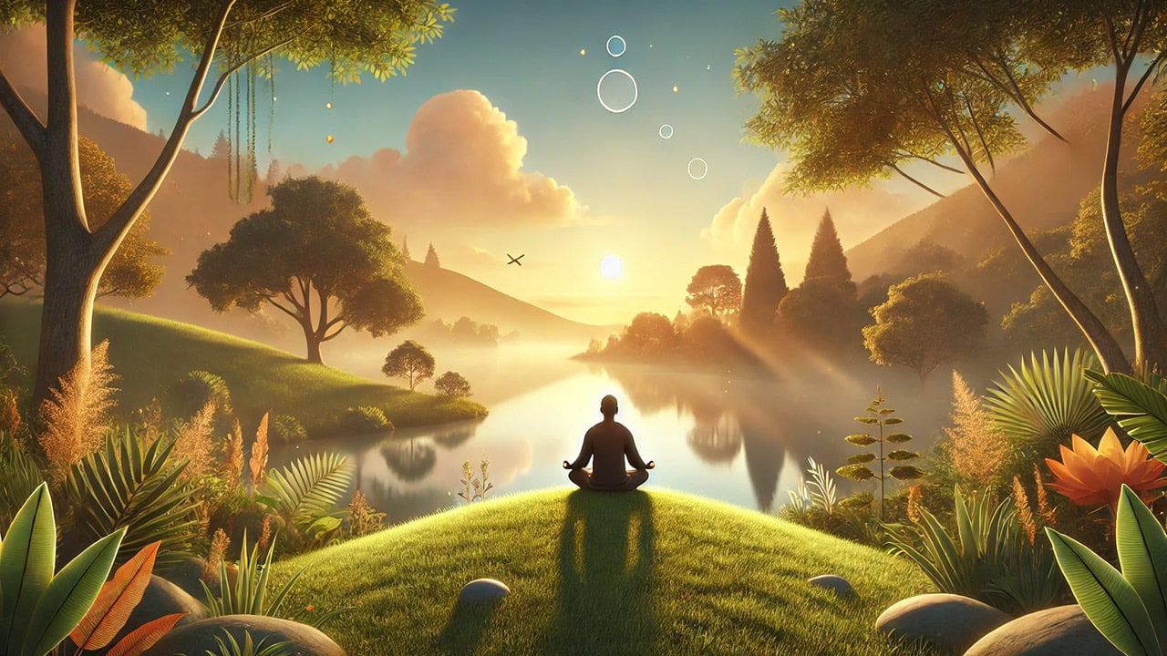 A serene natural landscape with a person sitting cross-legged in meditation on a grassy hill, overlooking a calm lake at sunrise. The scene features lush greenery, a few trees with autumn hues, and a clear sky transitioning from orange to blue, evoking a peaceful and calming atmosphere.