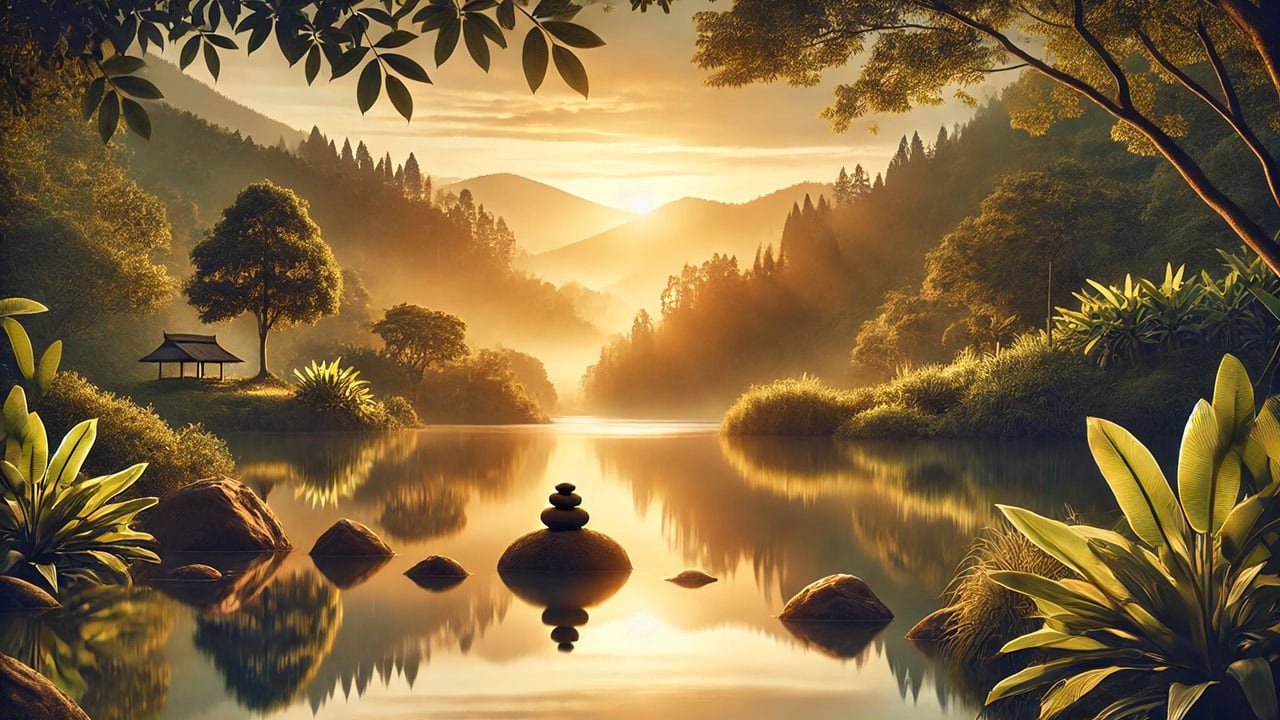 A serene and calming landscape at sunrise, with soft golden light reflecting on a tranquil lake surrounded by lush greenery. Stacked stones are visible on the shore, symbolizing harmony, balance, and mindful intent.