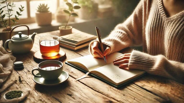 Person journaling at a wooden desk with natural light, a cup of tea, and a small plant, creating a serene and mindful atmosphere for self-reflection.