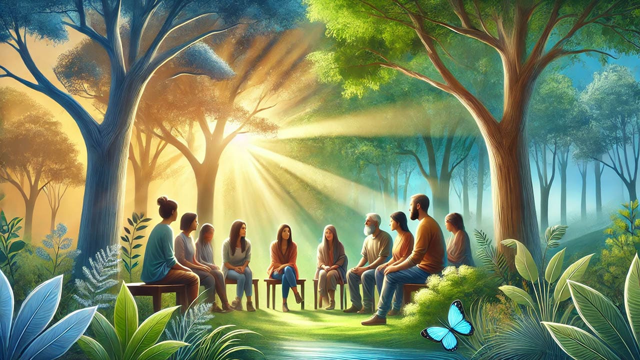 A serene image of people engaging in mindful listening in a natural setting, featuring diverse individuals sitting in a park with trees, soft sunlight, and an atmosphere of connection and harmony.