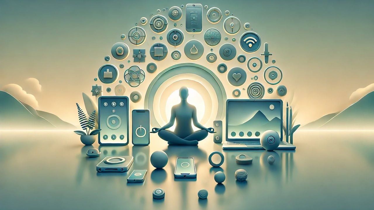 A serene and calming illustration depicting a person in a meditative pose surrounded by softly glowing tech devices like a smartphone and laptop, set against a harmonious gradient background of soft blues and greens, symbolizing digital wellness and mindfulness.