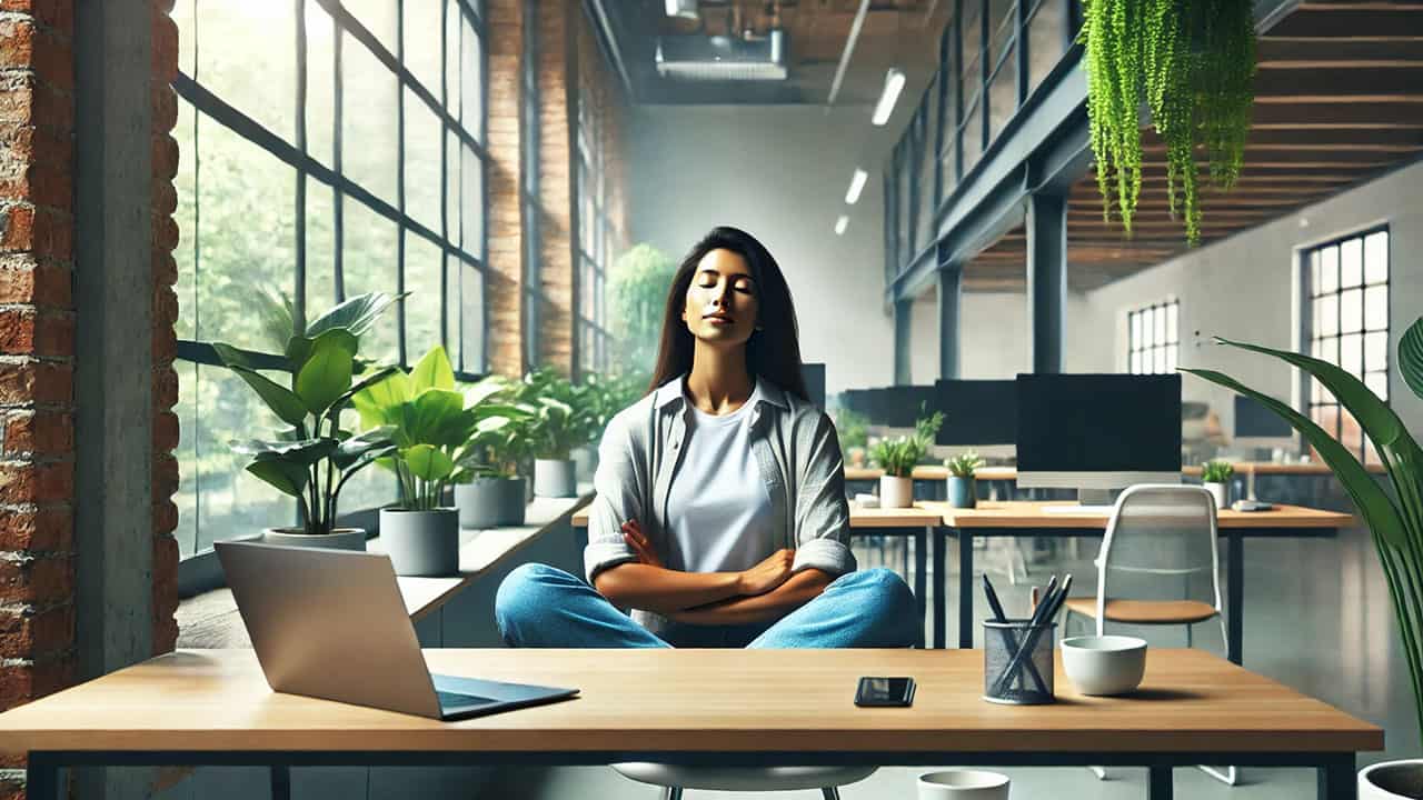 Person practicing mindfulness at their desk in a bright, modern office, with eyes closed and a calm expression. The desk features a laptop, a cup of tea, and a small plant, while natural light fills the space through large windows, creating a serene atmosphere.