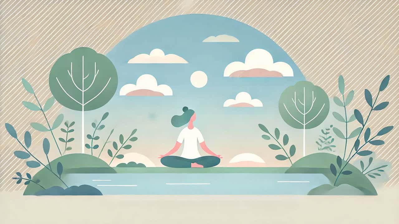 Illustration of a person meditating outdoors in a serene natural setting with soft pastel colors, a calm blue sky.