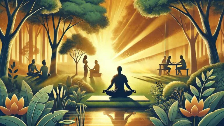 Illustration of a person practicing mindfulness outdoors, seated in meditation surrounded by greenery, with warm sunlight filtering through trees, and people interacting harmoniously in the background to symbolize building relationships.