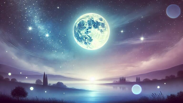 Serene night sky with a glowing full moon casting soft light over a tranquil landscape, surrounded by a dreamy blend of blue and purple hues with scattered sparkling stars.