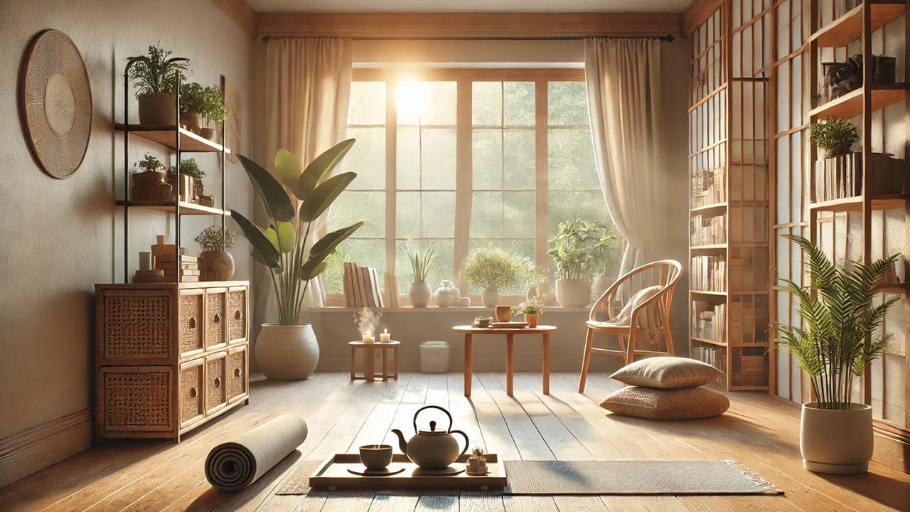 A peaceful morning scene illuminated by soft sunlight streaming through large windows. The room features a yoga mat on a wooden floor, a steaming cup of tea on a low table, a cozy chair, a potted plant, and a shelf with books. The extended view reveals a calming, natural-toned space with an inviting and tranquil atmosphere, perfect for mindfulness and relaxation.