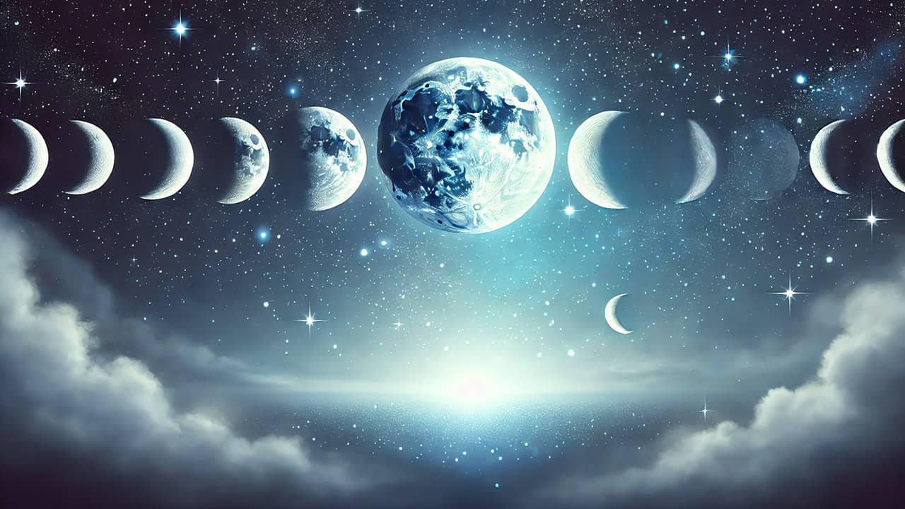 Illustration of the moon in various phases against a tranquil night sky with glowing stars and soft clouds, evoking a mystical and serene ambiance.