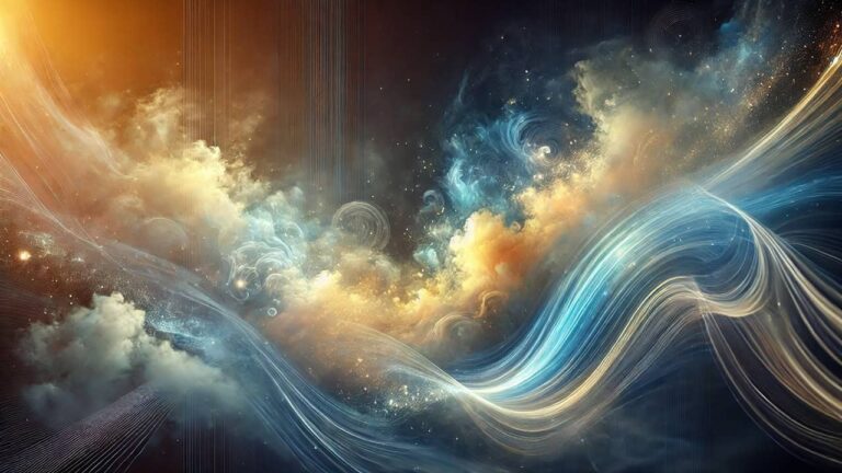 Abstract representation of energy flow and blocks with soft swirls of light in blue, gold, and white hues against a gradient background transitioning from deep blue to black, evoking a serene and mystical atmosphere.