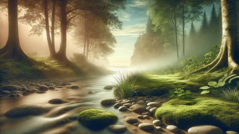 Tranquil natural landscape featuring a lush forest, gentle stream, and soft sunlight filtering through the trees, with smooth stones and moss in the foreground, symbolizing grounding and connection with nature.