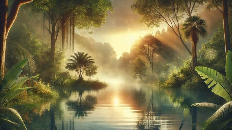 Tranquil natural setting with soft morning sunlight filtering through lush greenery, a peaceful lake reflecting the surrounding trees, and a subtle glow in the atmosphere evoking harmony and balance, symbolizing spiritual wellness through manifestation.