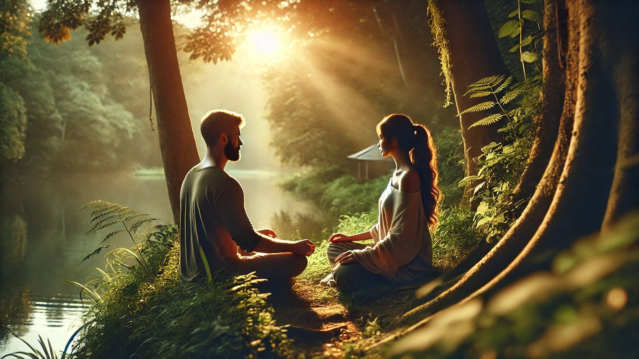 A serene and calming scene depicting a couple sitting closely together in a lush green forest during golden hour, engaged in meditation with soft sunlight filtering through the trees, creating a peaceful and intimate atmosphere.