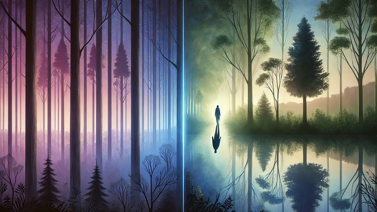 A serene and introspective digital painting of a mystical forest at twilight, with soft purple and blue hues blending into dark green trees. Gentle light filters through the trees, creating a tranquil and reflective atmosphere. A subtle shadowy figure is integrated into the landscape, symbolizing introspection and shadow work. The extended scene emphasizes calmness and mystery, aligning with themes of awakening and inner exploration.