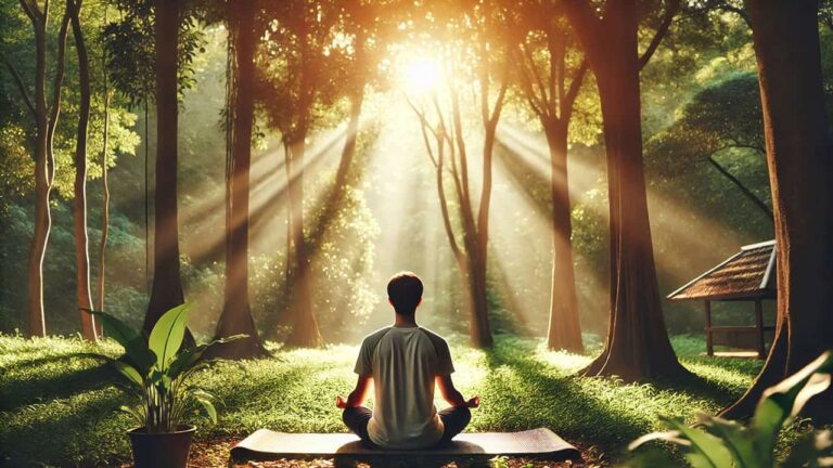 Person practicing mindful breathing while seated cross-legged in a serene forest setting with sunlight filtering through the trees, symbolizing stress relief and mental clarity through mindfulness.