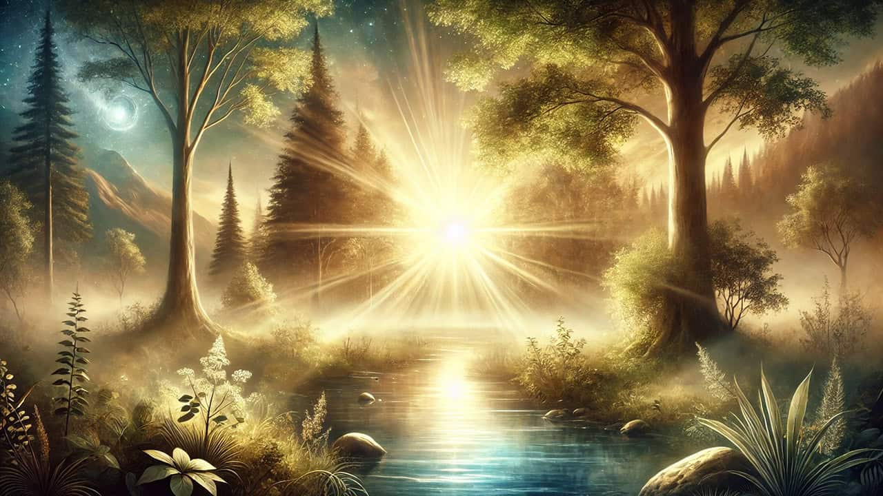 Serene mystical landscape with a glowing light in the background, featuring a tranquil forest with sunlight streaming through the trees and a calm stream reflecting the light, evoking peace, spirituality, and emotional healing.