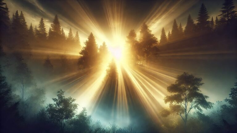 A serene and mystical scene of a tranquil sunrise over a lush forest, with golden rays of light piercing through the trees, creating an ethereal and peaceful atmosphere, symbolizing spiritual awakening.