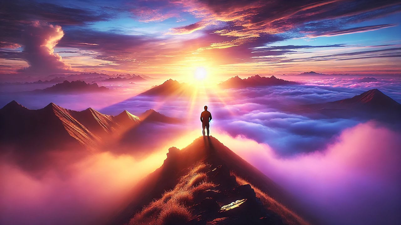 Serene digital artwork of a person standing on a mountain peak at sunrise, surrounded by a soft, ethereal glow. The scene features vibrant colors transitioning from golden sunlight to gentle purples and blues in the expansive sky, with misty clouds below the mountain peaks, evoking a sense of introspection, tranquility, and spiritual awakening.