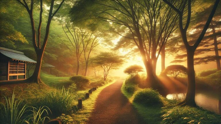 Sunrise over a tranquil landscape with soft golden light filtering through trees, a quiet path surrounded by lush greenery, evoking a sense of spirituality and inner peace.